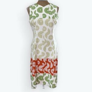 Kay Unger White Citrus Cotton Twill Sheath Dress Back Zip Sleeveless Sz 8​
